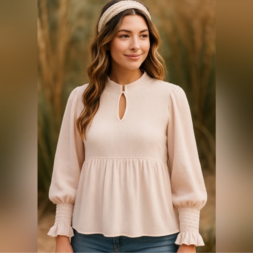 Cactus & Pearl Pleated Puff Sleeve Blush Blouse Size Small